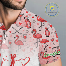 Load image into Gallery viewer, Red Flamingo Heart Theme Matching Golf Polos For Couple Custom Couple Valentines Outfit NHN0145