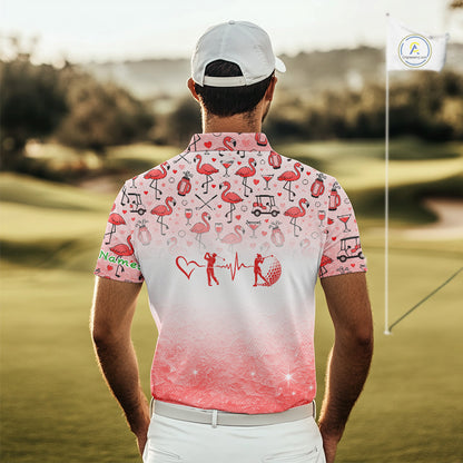 Red Flamingo Heart Theme Matching Golf Polos For Couple Custom Couple Valentines Outfit NHN0145