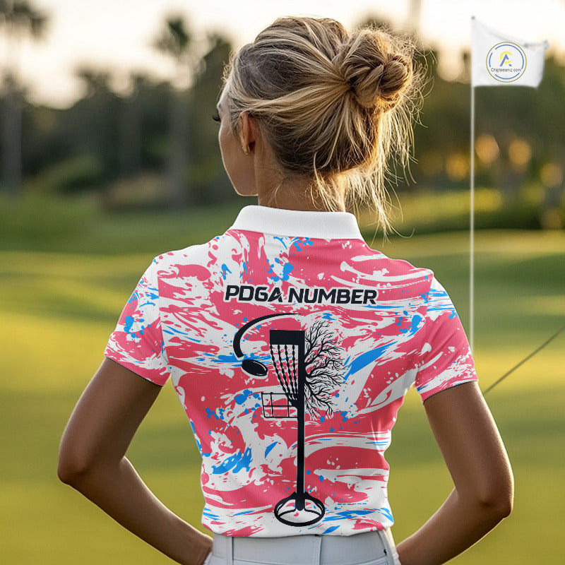 Camo Womens Disc Golf Polo Shirt Custom Name Pink Disc Golf Basket Apparel Team Disc Golf Outfit NHN0027