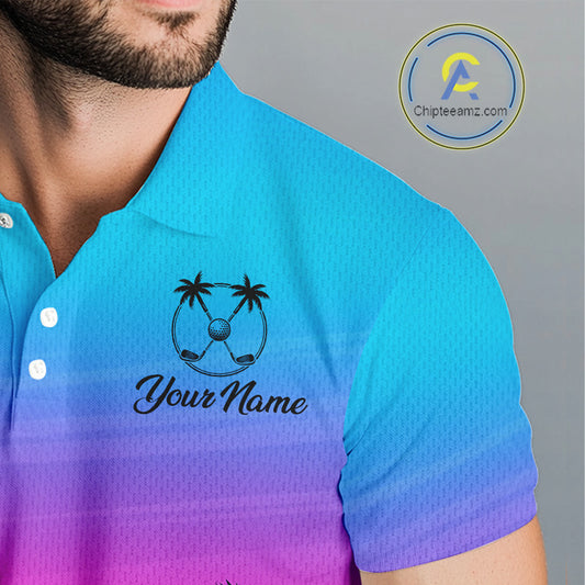 Pink Blue Neon Palm Pattern Mens Golf Polo Shirt Custom Golf Ball Blue Golf Tops, Golfer Gifts NHN0157