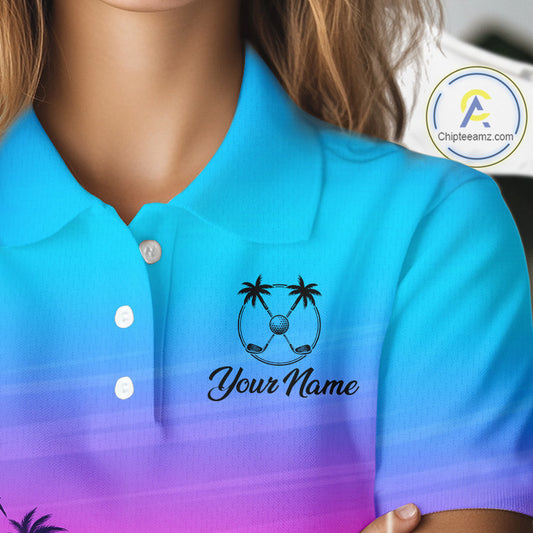 Pink Blue Neon Palm Pattern Womens Golf Polo Shirt Custom Golf Ball Blue Golf Tops, Golfer Gifts NHN0157