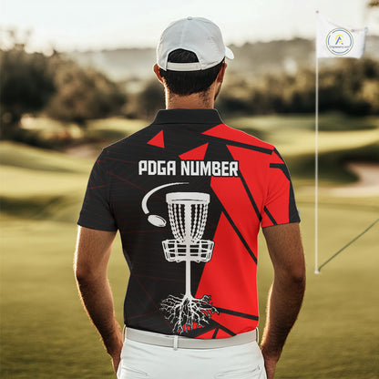 Mens Disc Golf Polo Shirt Custom Name Black And Red Disc Golf Basket Golf Shirts Personalized  NHN0030