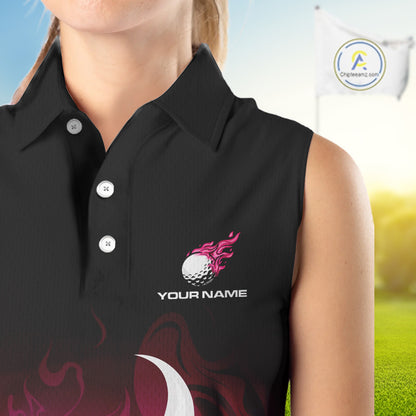 Pink Womens Sleeveless Golf Shirts Custom Name With Pink Flame Golf Ball Shirt For Women Personalized NHN0039