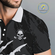 Load image into Gallery viewer, Funny Skull Golf Polo Shirts Black And White Golf Clubs Camo Pattern Custom Skull Playing Golf Apparel NHN0047