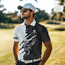 Load image into Gallery viewer, Funny Skull Golf Polo Shirts Black And White Golf Clubs Camo Pattern Custom Skull Playing Golf Apparel NHN0047