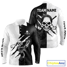 Load image into Gallery viewer, Black And White Funny Skull Long Sleeve Golf Polo Shirts Custom Camo Skull Playing Golf Shirt Golf Gifts NHN0047