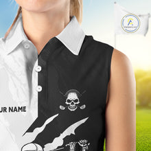 Load image into Gallery viewer, Funny Skull Golf Sleeveless Polo Shirt Custom Black And White Camo Pattern Golf Attire For Women NHN0047