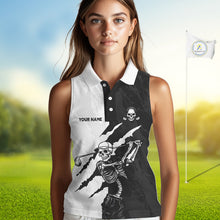 Load image into Gallery viewer, Funny Skull Golf Sleeveless Polo Shirt Custom Black And White Camo Pattern Golf Attire For Women NHN0047