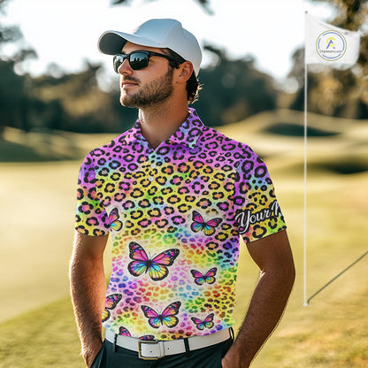 Mens Golf Polo Shirt Colorful Rainbow Leopard Print Pattern Custom Butterfly Team Golf Tops For Men NHN0180