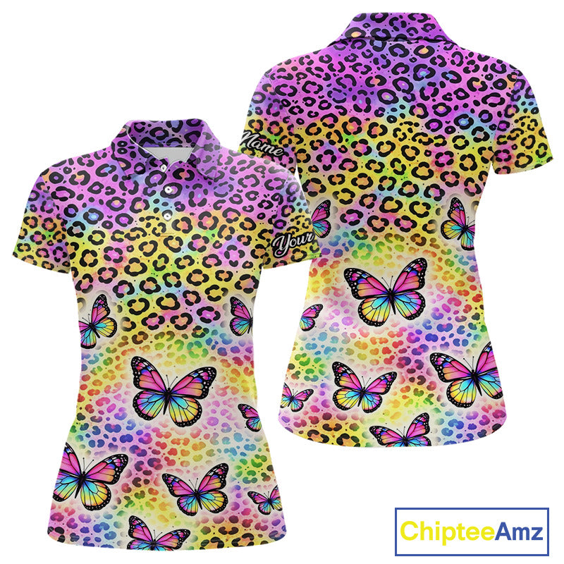 Womens Golf Polo Shirt Colorful Rainbow Leopard Print Custom Butterfly Team Ladies Golf Tops NHN0180