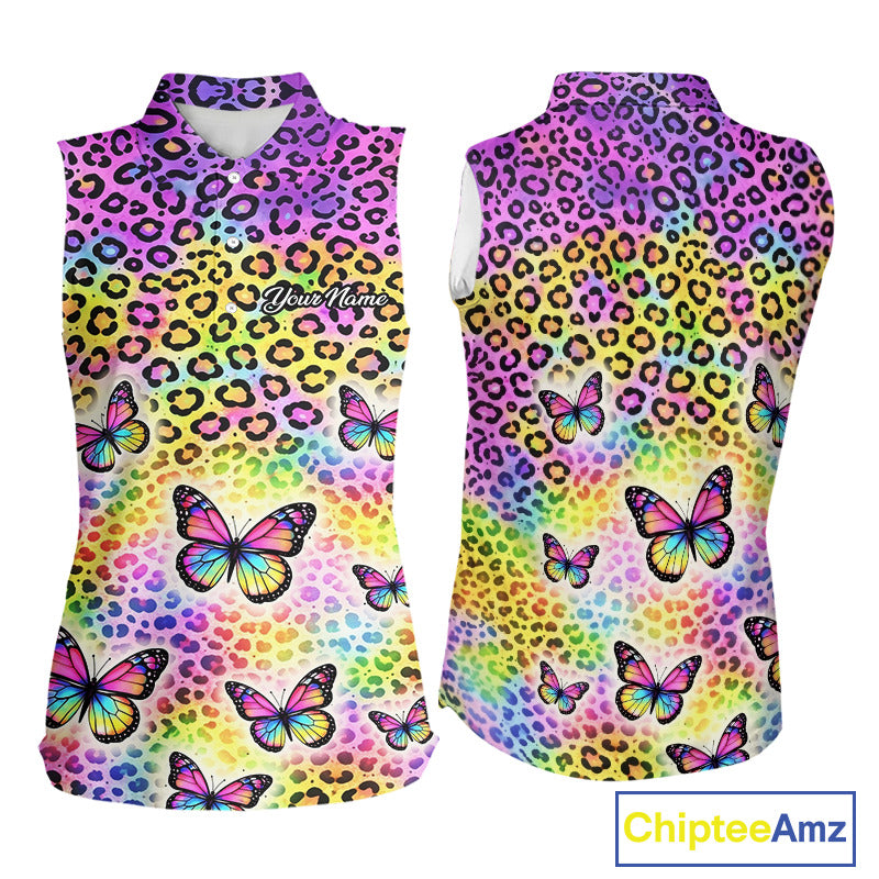 Womens Sleeveless Golf Polo Shirt Colorful Rainbow Leopard Print Custom Butterfly Team Golf Tops NHN0180