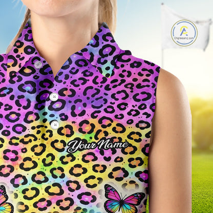 Womens Sleeveless Golf Polo Shirt Colorful Rainbow Leopard Print Custom Butterfly Team Golf Tops NHN0180