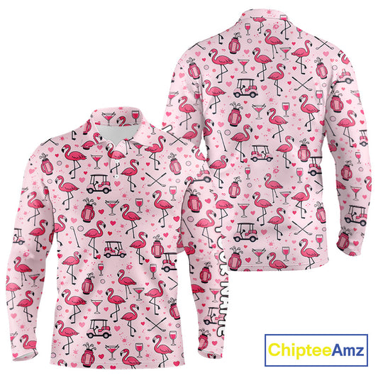 Funny Pink Flamingo Pattern Long Sleeve Golf Polo Shirt Custom Hawaiian Flamingo Golf Shirts NHN0191