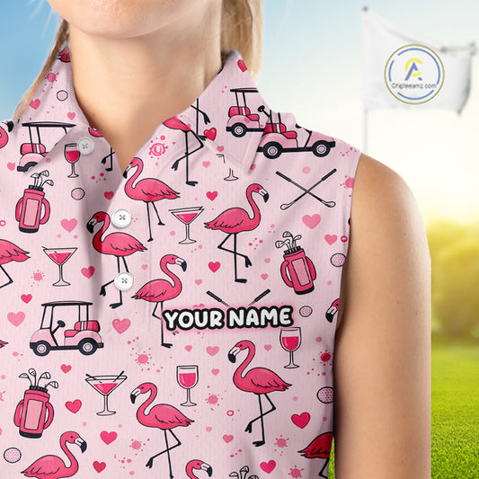 Funny Pink Flamingo Pattern Womens Sleeveless Golf Polo Shirt Custom Hawaiian Flamingo Golf Shirts NHN0191