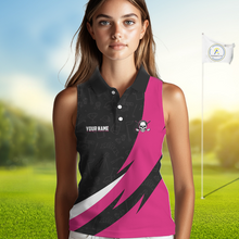 Load image into Gallery viewer, Funny Golf Sleeveless Polo Shirt Custom Pink &amp; Black Golf Ball Skull Golf Attire For Women NHN0060