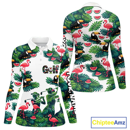 Funny Womens Long Sleeve Golf Polo Shirt Custom Tropical Pattern, Flamingo Golf Shirt For Ladies NHN0193