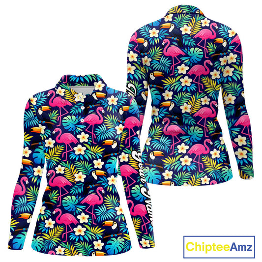 Womens Long Sleeve Golf Polo Shirt Flamingo Floral Pattern, Custom Colorful Tropical Team Golf Shirt NHN0194