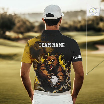 Mens Golf Polo Shirts Custom Yellow And Black Grunge Pattern With Bear Grasping Golf Ball Apparel NHN0063