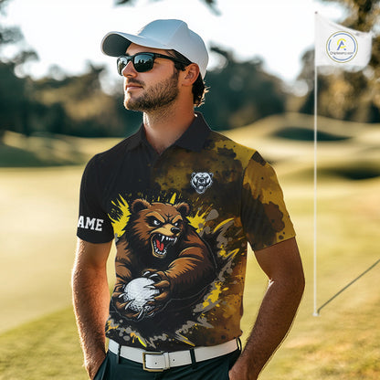 Mens Golf Polo Shirts Custom Yellow And Black Grunge Pattern With Bear Grasping Golf Ball Apparel NHN0063