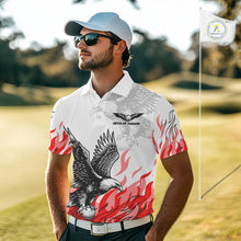 Load image into Gallery viewer, Mens Golf Polo Shirt Custom Eagle Red Flame Team Golf Tops, White Golf Outfit For Men NHN0070
