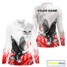 Load image into Gallery viewer, Womens Long Sleeve Golf Polo Shirt Custom Eagle Red Flame Team Golf Tops, White Golf Outfit For Ladies NHN0070
