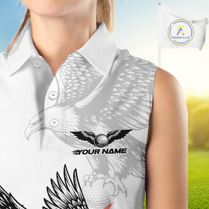 Womens Sleeveless Golf Polo Shirt Custom Eagle Red Flame Team Golf Tops, White Golf Outfit NHN0070