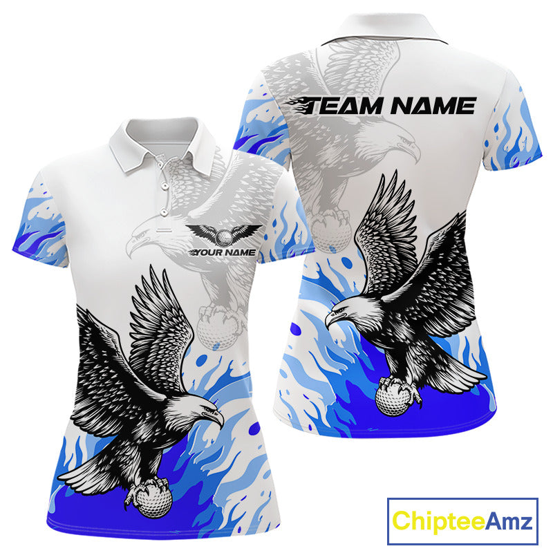 Womens Golf Polo Shirt Custom Eagle Blue Flame Golf Tops, Personalized White Golf Outfit For Women NHN0070