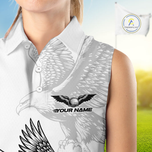 Womens Sleeveless Golf Polo Shirtt Custom Eagle Blue Flame Golf Tops, White Golf Outfit NHN0070