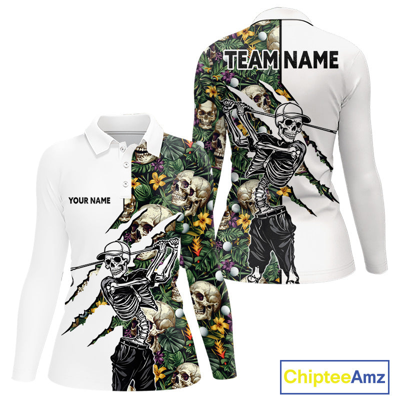 Funny Long Sleeve Golf Polo Shirt For Women Custom Tropical Pattern Personalized Skull Golf Shirts NHN0047