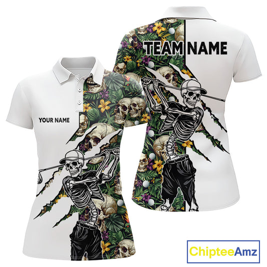 Funny Womens Golf Polo Shirt Custom Tropical Golf Ball Pattern Personalized Skull Golf Shirts NHN0047