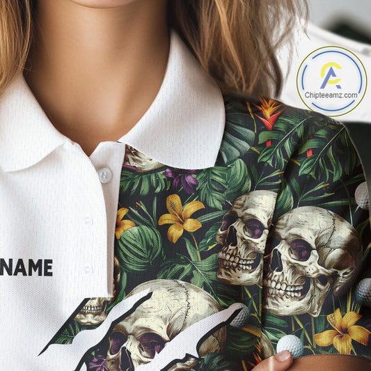 Funny Womens Golf Polo Shirt Custom Tropical Golf Ball Pattern Personalized Skull Golf Shirts NHN0047