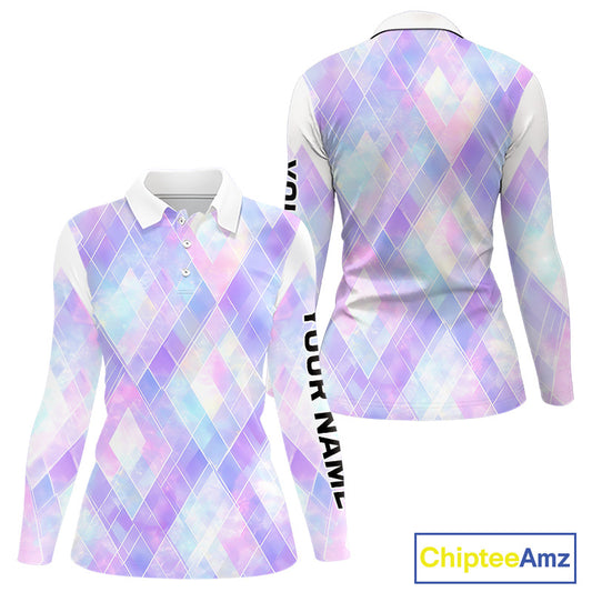 Violet And Blue Square Pattern Womens Long Sleeve Golf Polo Shirt Custom Name Golf Tops For Ladies NHN0203