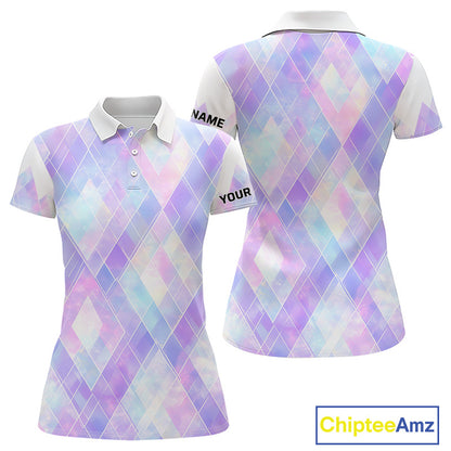 Violet And Blue Square Pattern Womens Golf Polo Shirt Custom Name Golf Tops For Ladies NHN0203