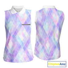 Load image into Gallery viewer, Violet And Blue Square Pattern Womens Sleeveless Golf Polo Shirt Custom Name Golf Tops For Ladies NHN0203