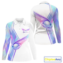 Load image into Gallery viewer, Womens Long Sleeve Golf Polo Shirt Violet Square Plaid Pattern Custom Golf Ball Golf Tops For Ladies NHN0204