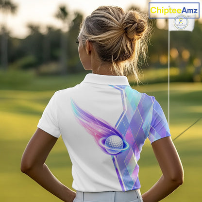 Womens Golf Polo Shirt Violet Square Plaid Pattern Custom Flame Golf Ball Golf Tops For Ladies NHN0204