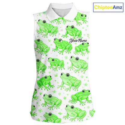 Funny Green Frog Pattern Womens Sleeveless Golf Polo Shirts Custom Golf Attire For Ladies , Golfer Gifts NHN0134