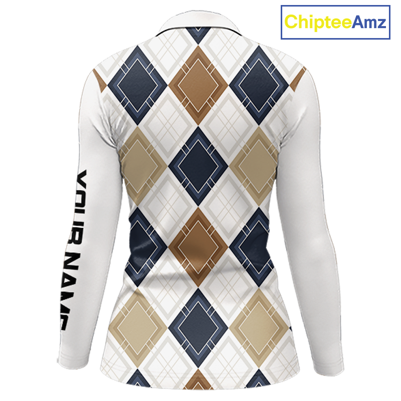 Plaid Womens Long Sleeve Golf Polo Shirt Custom Retro Argyle Pattern Team Golf Tops, Vintage Golf Gift NHN0216