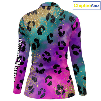 Womens Long Sleeve Golf Polo Shirt Custom Colorful Neon Rainbow Leopard Pattern Team Golf Tops NHN0217