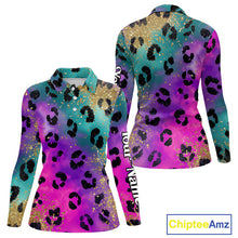 Load image into Gallery viewer, Womens Long Sleeve Golf Polo Shirt Custom Colorful Neon Rainbow Leopard Pattern Team Golf Tops NHN0217