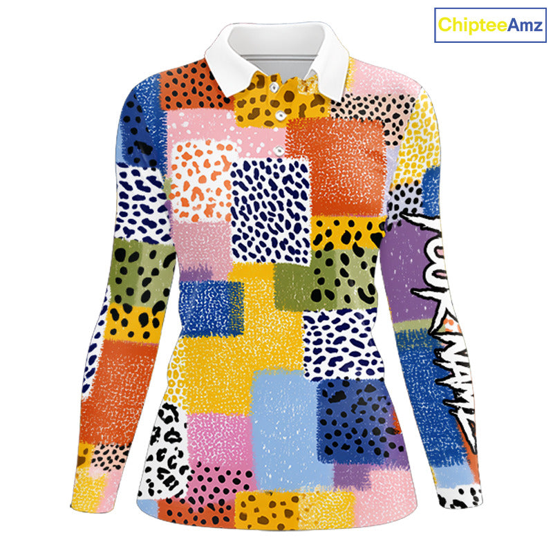 Funny Plaid Womens Long Sleeve Golf Polo Shirt Custom Colorful Leopard Square Pattern Team Golf Top NHN0218