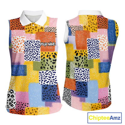 Funny Plaid Womens Sleeveless Golf Polo Shirt Custom Colorful Leopard Square Pattern Team Golf Top NHN0218