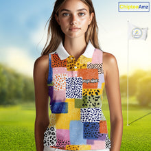 Load image into Gallery viewer, Funny Plaid Womens Sleeveless Golf Polo Shirt Custom Colorful Leopard Square Pattern Team Golf Top NHN0218