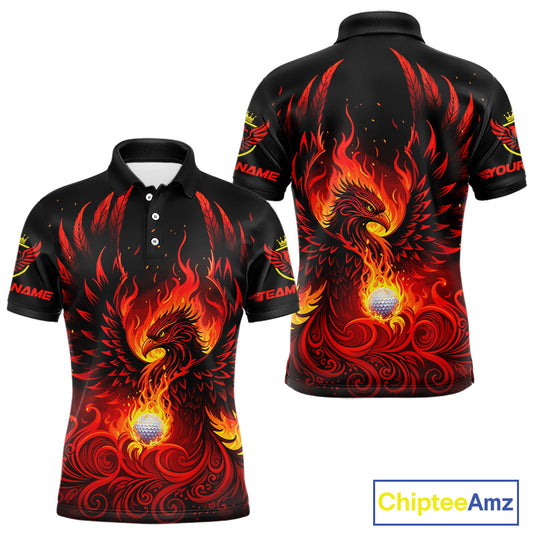 Mens Golf Polo Shirt Custom Phoenix Red Flame Team Golf Tops, Black Golf Outfit For Men NHN0084