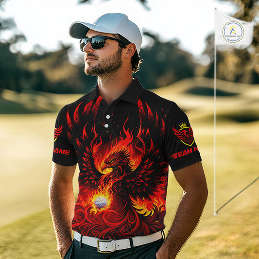 Mens Golf Polo Shirt Custom Phoenix Red Flame Team Golf Tops, Black Golf Outfit For Men NHN0084