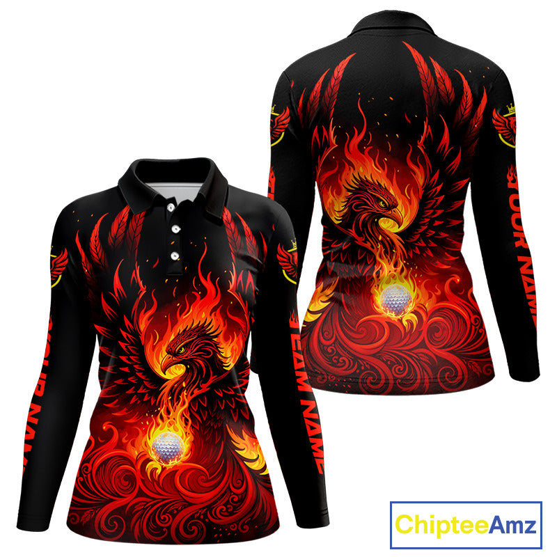Womens Long Sleeve Golf Polo Shirt Custom Phoenix Red Flame Team Golf Tops, Black Golf Outfit For Ladies NHN0084