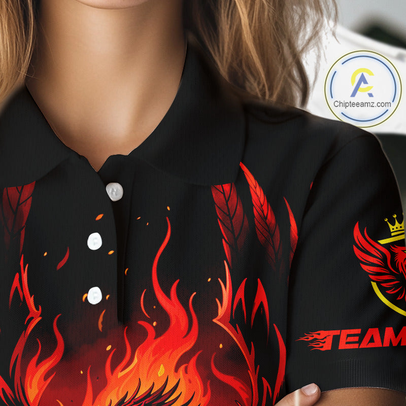 Womens Golf Polo Shirt Custom Phoenix Red Flame Team Golf Tops, Black Golf Outfit For Ladies NHN0084