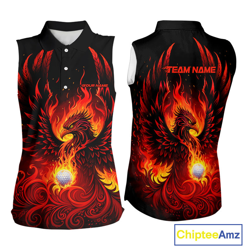 Womens Sleeveless Golf Polo Shirt Custom Phoenix Red Flame Team Golf Tops, Black Golf Outfit For Ladies NHN0084