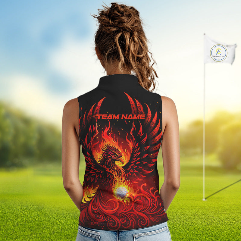 Womens Sleeveless Golf Polo Shirt Custom Phoenix Red Flame Team Golf Tops, Black Golf Outfit For Ladies NHN0084
