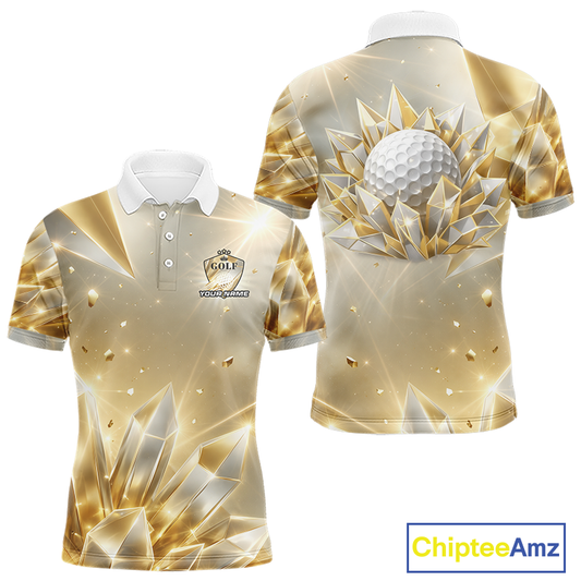 Mens Golf Polo Shirt Custom Gold Diamond Crystal Golf Ball Custom Name Golf Shirts For Team NHN0220